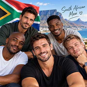 Attractive diverse South African men smiling with Table Mountain and the South African flag