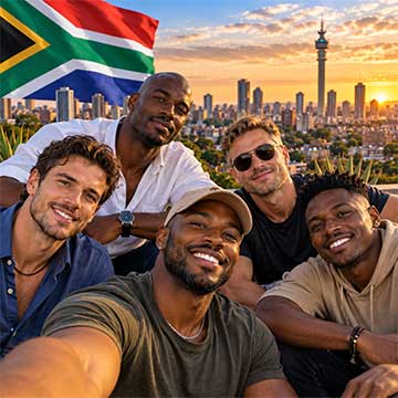 Attractive diverse South African men in Johannesburg with the city skyline and South African flag